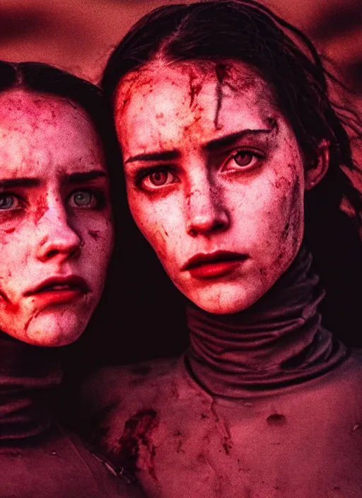 Image similar to cinestill 5 0 d photographic portrait of two sultry loving female androids wearing rugged black techwear on a desolate plain with a red sky, extreme closeup, cyberpunk style, garters, dust storm, 8 k, hd, high resolution, 3 5 mm, f / 3 2, ultra realistic faces, ex machina