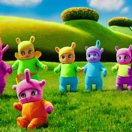 Image similar to teletubbies photorealistic, high quality, detailed, 8k rendered