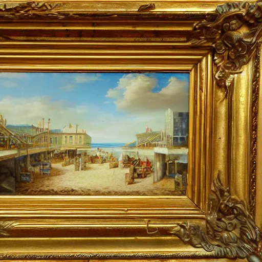 Prompt: Baroque oil painting of a Victorian beach resort, realistic, highly detailed