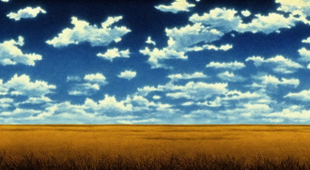 Image similar to film still of kansas landscape and sky, intricate, beautiful, serene, majestic, detailed, ultra, mega, super, visable sounds waves