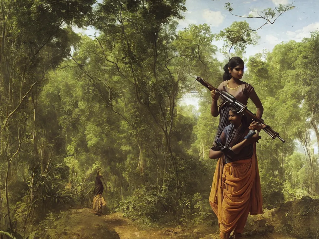 Prompt: sri lankan woman holding an ak 4 7 in a jungle next to an anc 8 8 ient ruin, by camille corot, third - person, f / 2 2, kinemacolor, rim lights, insanely detailed and intricate, hypermaximalist, elegant, ornate, hyper realistic, super detailed