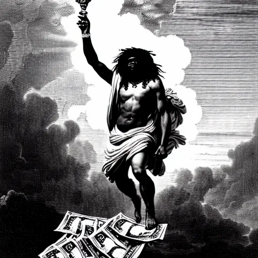 Image similar to cheef keef ascending into heaven holding stacks of cash, biblical image, style of gustave dore, highly detailed, beautiful, high contrast, black and white