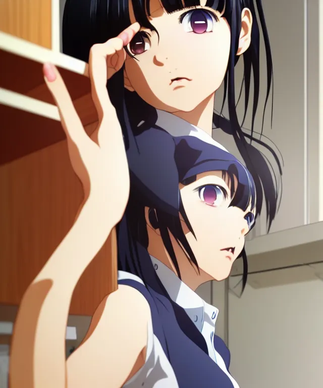 Image similar to anime visual, illustration of a young woman looking in a kitchen cabinet from a distance, cute face by ilya kuvshinov, yoshinari yoh, makoto shinkai, katsura masakazu, dynamic perspective pose, detailed facial features, kyoani, rounded eyes, crisp and sharp, cel shad, anime poster, ambient light,