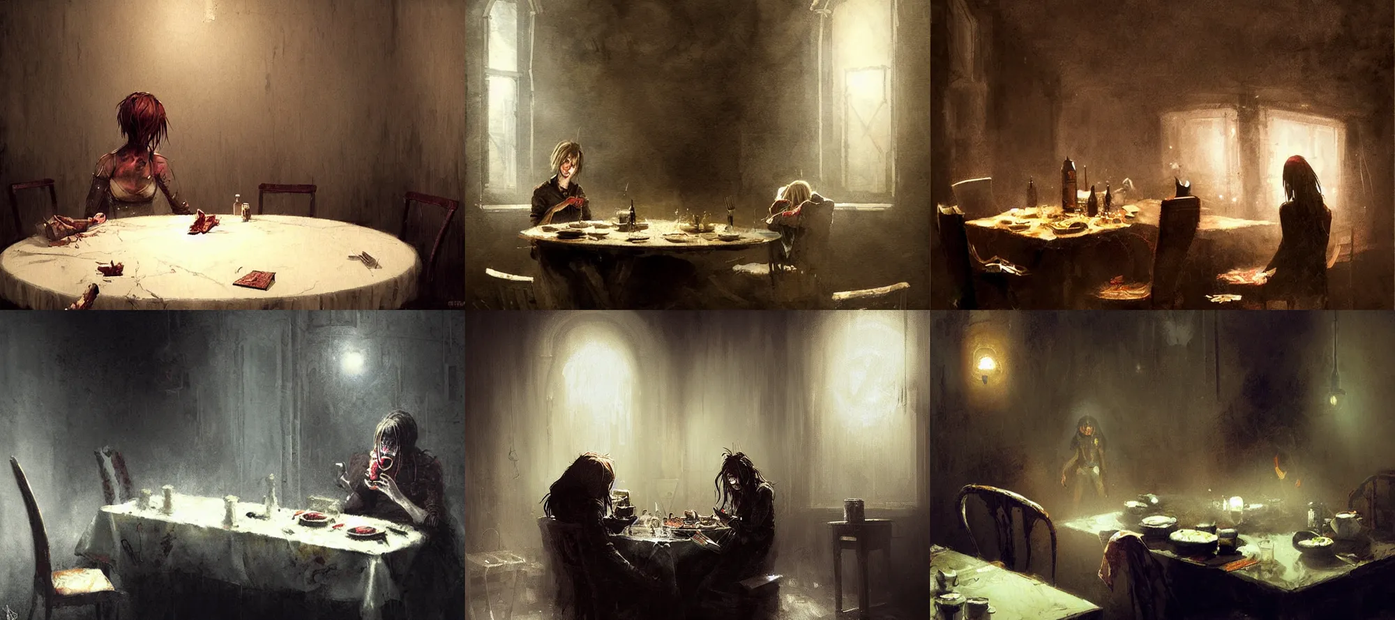 Prompt: shelob silent hill eating dinner at a table in the backrooms happiness is temporary by greg rutkowski