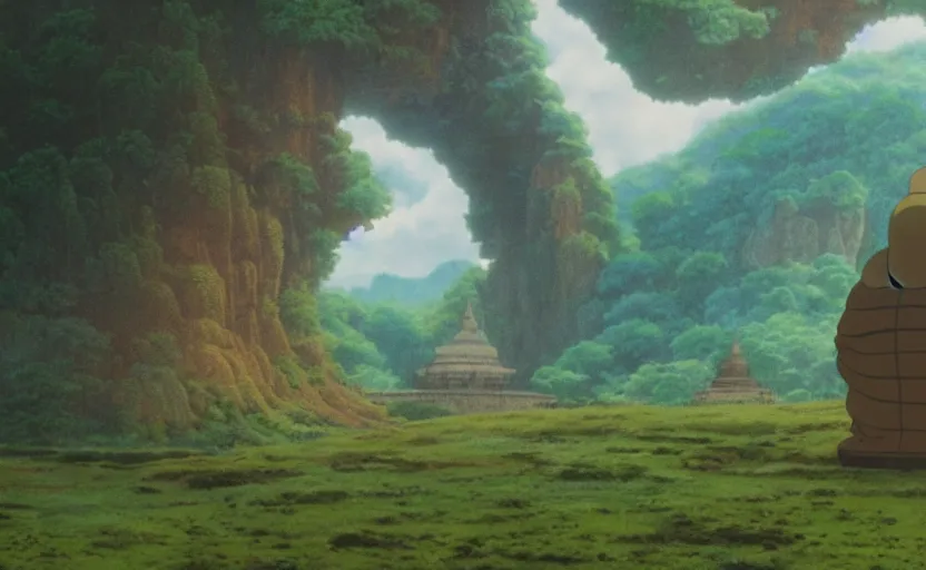 Image similar to movie still from studio ghibli movie showing a highly detailed landscape with a giant buddha walking through a valley. a ufo is in the sky. 1 9 8 0's science fiction, 1 9 7 0's science fiction, misty, depth perception, 4 k