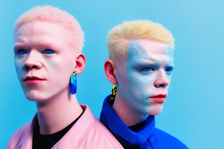 Image similar to a close - up risograph of cyberpunk albinism model men wearing lots of transparent and cellophane accessories, light blue colors, huge earrings and queer make up, blue hour, twilight, cool, portrait, crispy, full - shot, blue sky, kodachrome, photo by mayumi hosokura, style by moebius