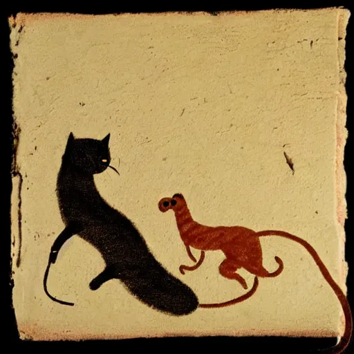 Image similar to pre-historic cave painting of a cat playing with a mouse