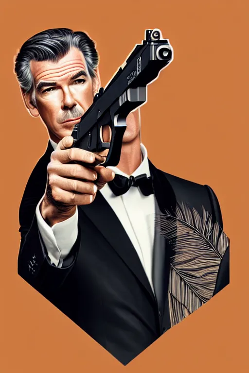 Prompt: Pierce Brosnan as James Bond holding highly detailed Glock pistol, art deco, cinematic intricate art deco leaf designs, elegant, , sharp focus, art by Artgerm and beeple and WLOP