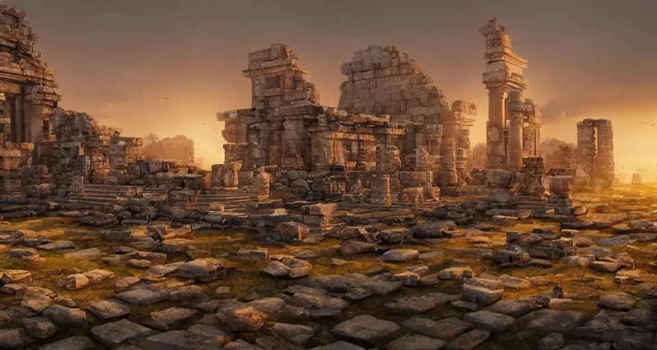 Prompt: Ancient temple ruins, hyperdetailed, artstation, cgsociety, golden hour 8k