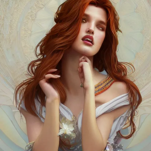 Image similar to ultra realistic illustration, bella thorne as thirty year old lady, intricate, elegant, highly detailed, digital painting, artstation, concept art, smooth, sharp focus, illustration, art by artgerm and greg rutkowski and alphonse mucha