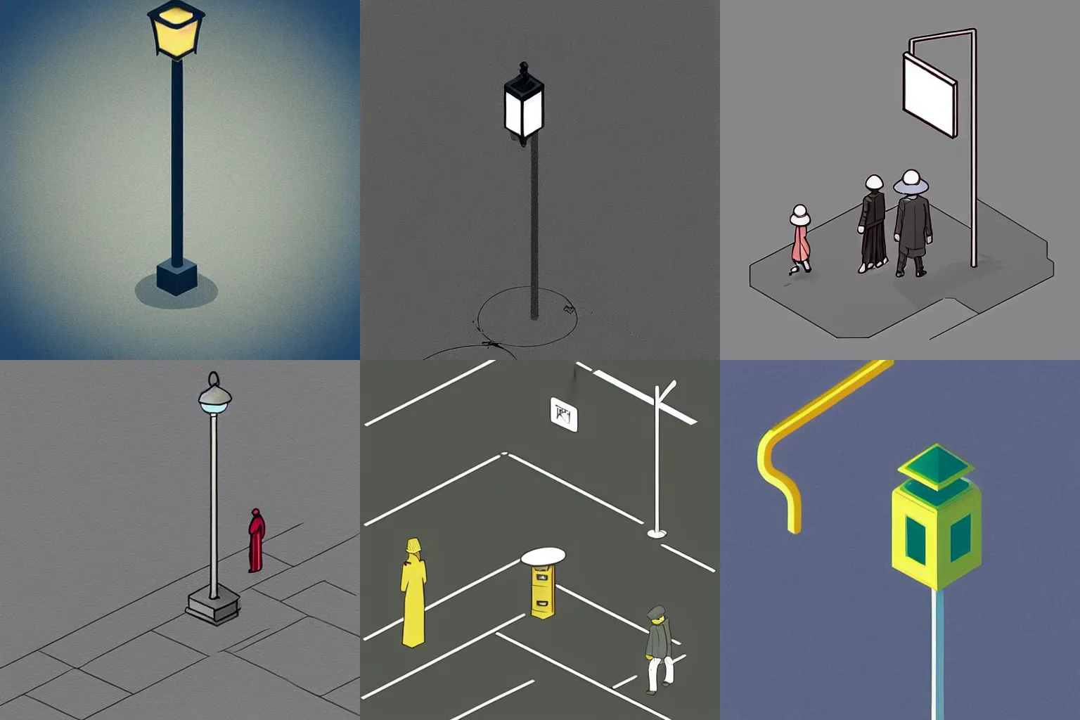 Prompt: “isometric concept art of a street lamp, futuristic, by Satoshi Kon + Edward Hopper”