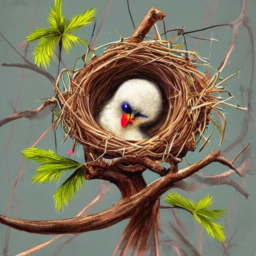 Image similar to bird nest in a tree, concept art, illustrated, highly detailed, high quality, bright colors, optimistic,