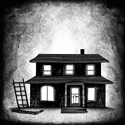 Prompt: black and white storybook illustration of an abandoned house burning, storybook illustration, monochromatic, black and white