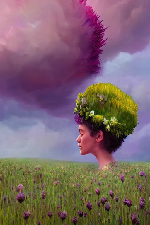 Image similar to closeup, giant flower head mohawk, woman in heather field, surreal photography, starlight, storm clouds, impressionist painting, digital painting, artstation, simon stalenhag