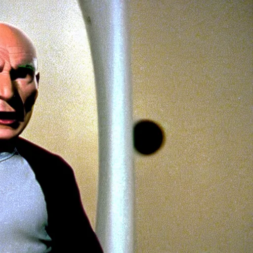 Prompt: Captain Picard screaming, caught inside of a shrinking warp bubble on an episode of Star Trek The Next Generation