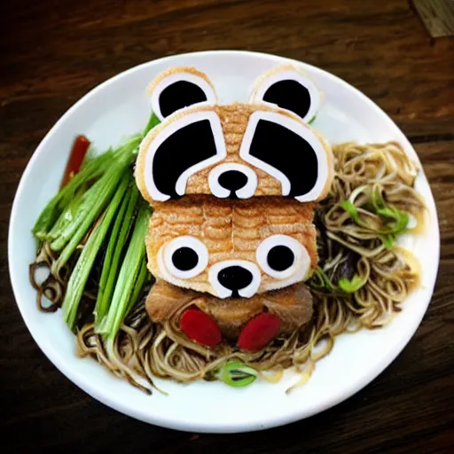 Prompt: Little raccoon crispy noodles,anime style