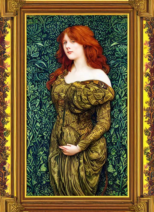 Image similar to masterpiece beautiful seductive flowing curves pose preraphaelite portrait photography, extreme closeup shot, straight bangs, thick set features, yellow ochre ornate medieval dress, amongst foliage mushroom forest arch, circle, william morris and kilian eng and mucha, framed, 4 k