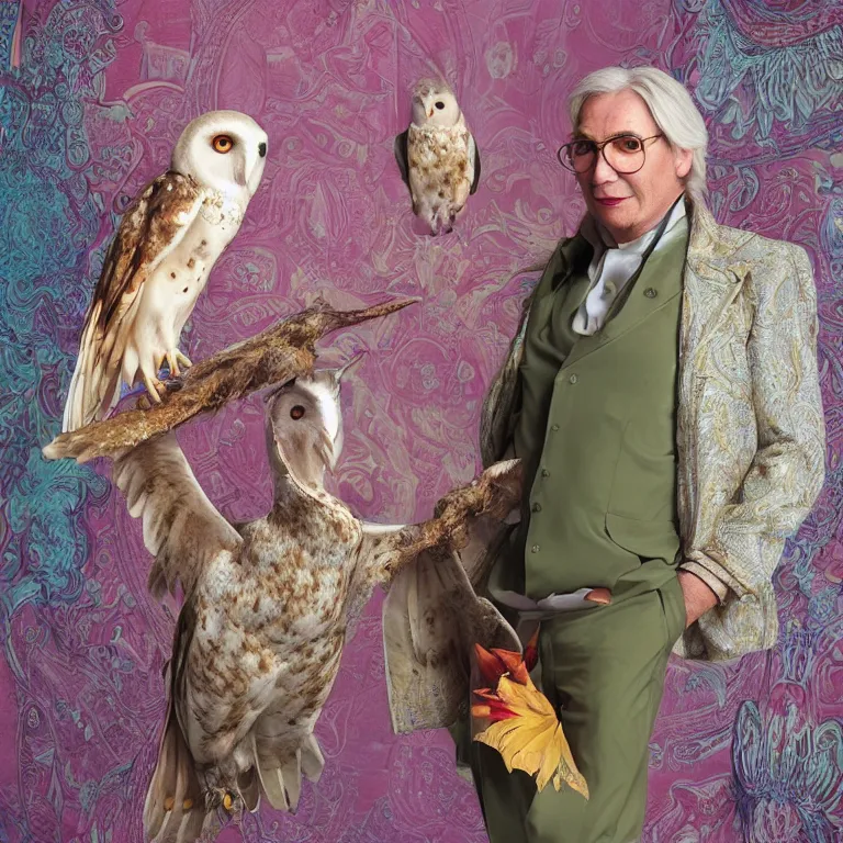 Image similar to high fashion photoshoot octane render portrait by wayne barlow and carlo crivelli and glenn fabry, a distinguished old funk musician wearing a colorful wes anderson designed uniform and holding a barn owl inside a high - end exotic colorful pastel vintage boutique hotel lounge, very short depth of field, bokeh