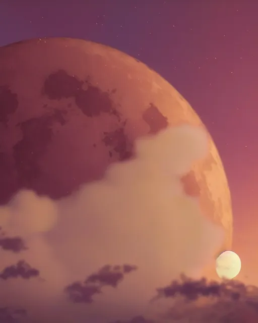 Image similar to the most beautiful sunset, giant pink full moon, a giant fluffy cloud morphing into a light great and red frog, coherent design, symmetrical, concept art, vivid color, complementary color, golden ratio, detailed, sharp lines, intricate, rainbowshift, by mc escher, by sahm, octane render