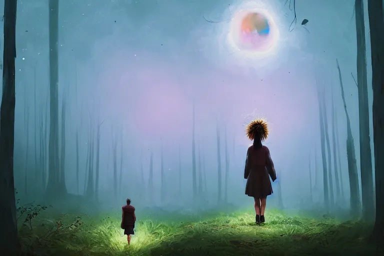 Image similar to giant daisies flowers head, girl walking in dark forest, surreal photography, dark night, stars, moon light, impressionist painting, clouds, digital painting, artstation, simon stalenhag