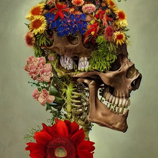 Image similar to 'Life from death' A beautiful detailed aesthetic horror full body painting depicting 'A skeleton with plants and flowers growing all over it, birds and bees flying all around it' by Odilon Redon and giuseppe arcimboldo, Trending on cgsociety artstation, 8k, masterpiece, cinematic lighting.