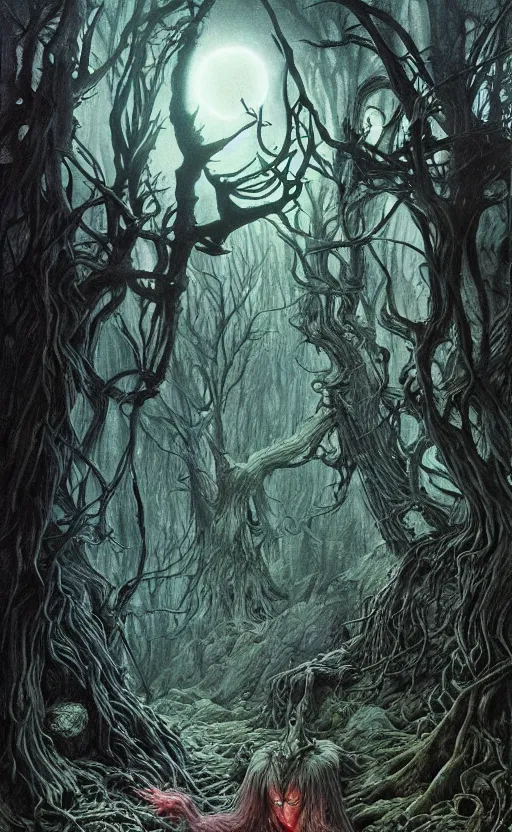 Prompt: a witch and a wizard in an ominous forest, cinematic lighting, at night, highly detailed, symmetric, concept art, masterpiece, fantasy art, hyperdetailed, hyperrealism, saturated colors, art by zdzistaw beksinski, arthur rackham, dariusz zawadzki, larry elmore