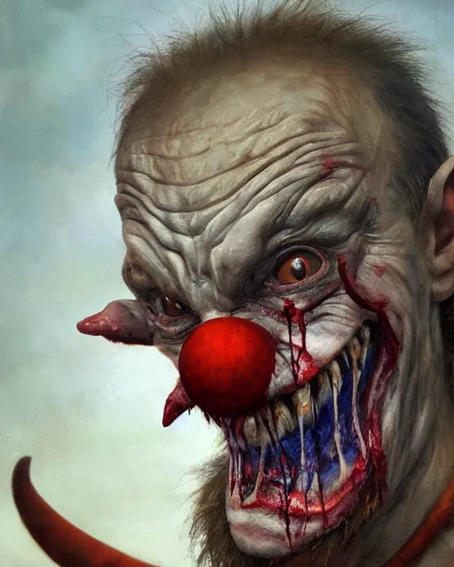 Image similar to photorealistic portrait photograph of vladimir putin as a pathetic goblinoid demon clown, kobold, upper body, fantasy, bloody, depth of field, soft focus, highly detailed, intricate, realistic, national geographic cover, soft glow, textured, artstation, sharp focus, illustration, art by artgerm and greg rutkowski and alphonse mucha