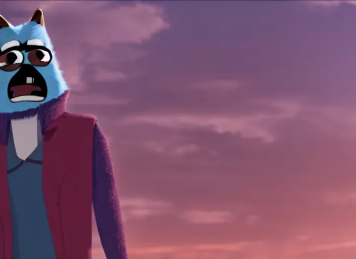 Image similar to film still of mordecai from regular show in the new scifi movie, 4 k