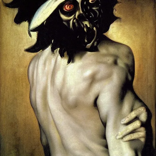 Prompt: portrait of a demon with white eyes by caravaggio impressionism tonalism hyperrealism