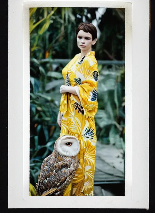 Image similar to grainy head to shoulder portrait Polaroid film photograph of an elegant top model wearing a yellow kimono with a very detailed barn owl on her shoulder!!! in a tropical greenhouse. looking at the camera!!. super resolution. Extremely detailed. Polaroid 600 film. art by Rineke Dijkstra.