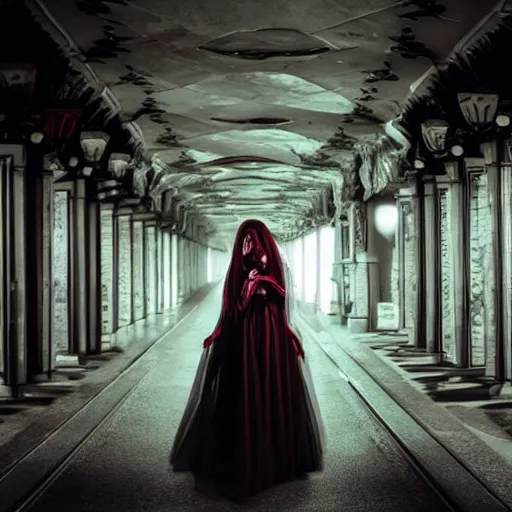 Prompt: creepy ghost woman in elaborate dress in haunted train station, grotesque architecture, atmospheric horror