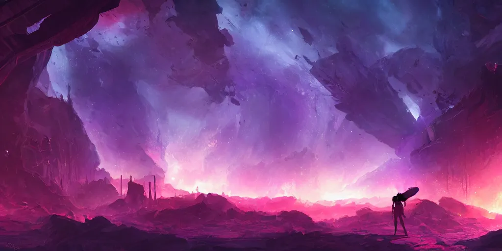 Prompt: one small female silhouette standing in the ruins of crux prime, purple fiery maelstrom in the distance, digital art, artstationhq