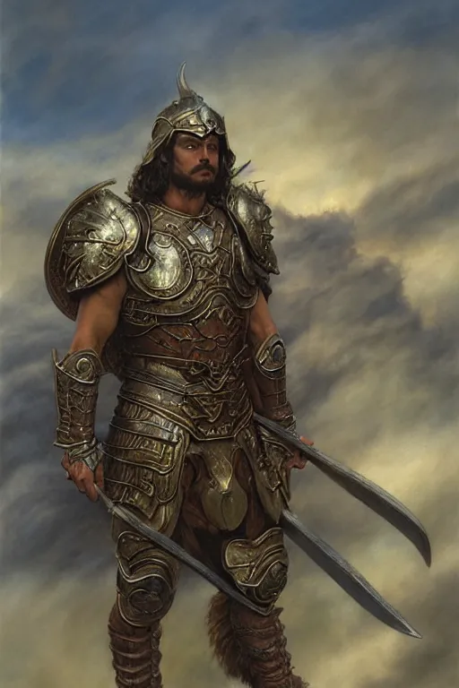 Image similar to masterpiece matte painting of a warrior falling from the clouds, male, breastplate, magical, high fantasy, d & d, by donato giancola, face details, extremely detailed, digital illustration