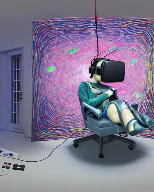 Image similar to a cosplay model reclines in a gaming computer chair wearing a vr headset and headphones holding a game controller, in a domestic interior filled with screens by james jean and luc tuymans and beeple and hernan bas and pat steir and hilma af klint, psychological, 3 d, dripping paint, high quality render, masterpiece