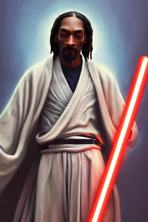 Image similar to breathtaking detailed concept art painting of a jedi snoop dogg holding a lightsaber, by hsiao - ron cheng, exquisite detail, extremely moody lighting, 8 k