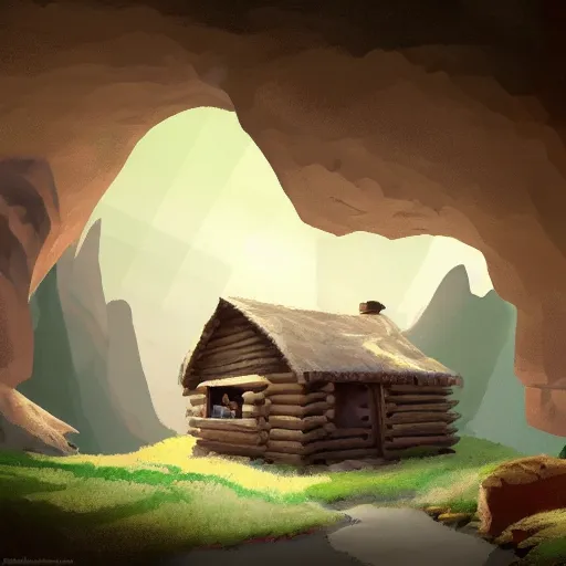 Image similar to cabin in a cave, artstation, digital art, felix Kelly