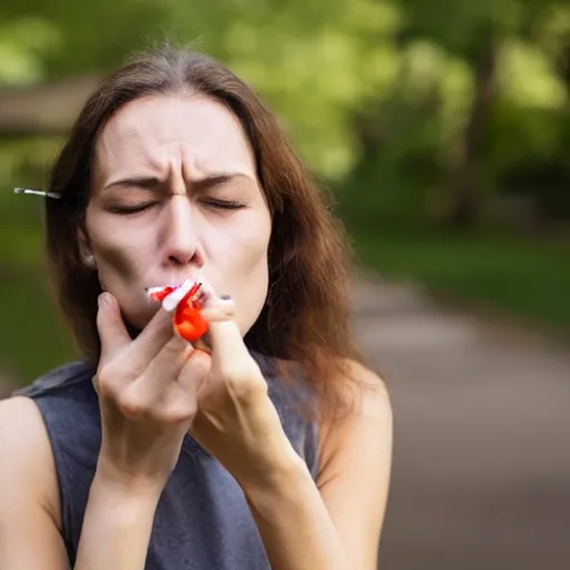 Prompt: woman smoking a cigarette, cigarette in mouth, smoking, smoking, smoking, smoking, smoking a cigarette, smoke, close up