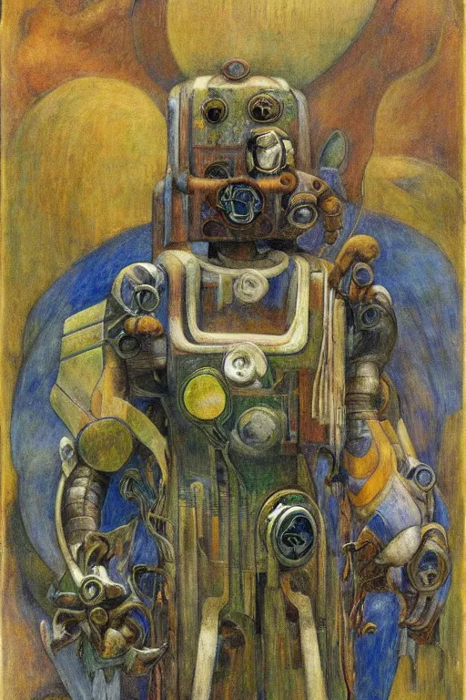 Image similar to the robot in his regalia, by Annie Swynnerton and Diego Rivera and Elihu Vedder, symbolist, dramatic lighting, elaborate geometric ornament, Art Brut, soft blues and greens,smooth, sharp focus, extremely detailed, Adolf Wölfli