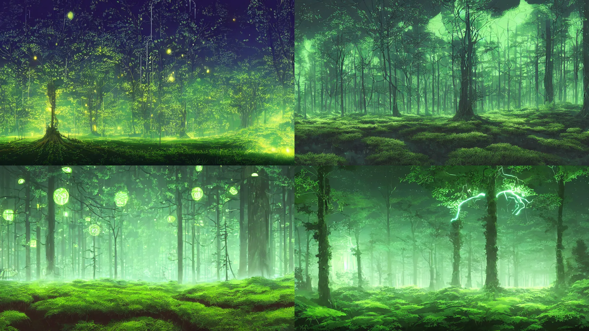 Prompt: Forest growing from a large circuit board, branches of neon and beautiful green glowing leaves, night sky, cozy wallpaper, 4k, high details, volumetric dynamic lighting, motion blur, blur, trending on Artstation, award-winning, art by Studio Ghibli, by Chris Moore