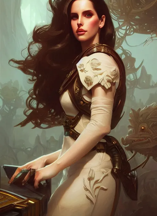 Image similar to beautiful humanoid android, lana del rey, d & d, fantasy, intricate, elegant, highly detailed, digital painting, artstation, concept art, matte, sharp focus, illustration, hearthstone, art by artgerm and greg rutkowski and alphonse mucha