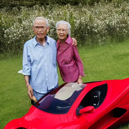 Image similar to 0 8 s photo of elder couple, pose like the super models in the paddle field with red super car,