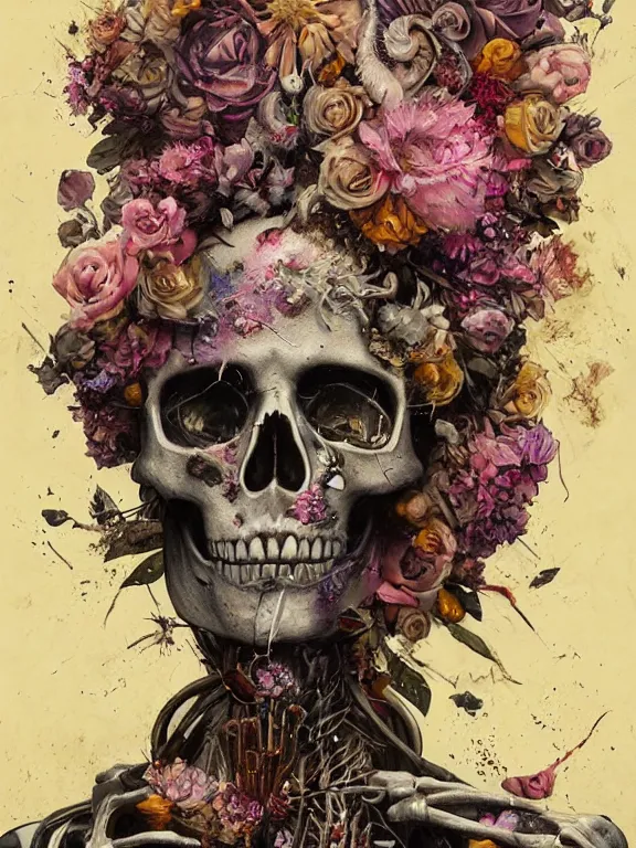 Prompt: art portrait of skeleton with flowers exploding out of head,8k,by tristan eaton,Stanley Artgermm,Tom Bagshaw,Greg Rutkowski,Carne Griffiths,trending on DeviantArt,face enhance,hyper detailed,minimalist,cybernetic, android, blade runner,full of colour,