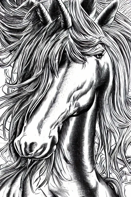 Image similar to unicorn, highly detailed, digital art, sharp focus, trending on art station, kentaro miura manga art style