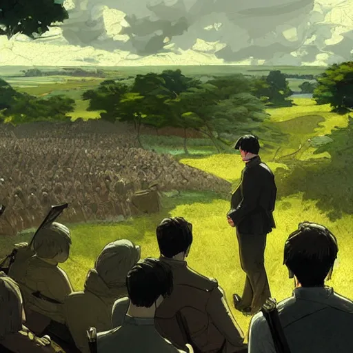 Prompt: irish rebel leader michael collins giving a speech to rebels in the irish countryside, highly detailed, digital painting, concept art, sharp focus, by makoto shinkai