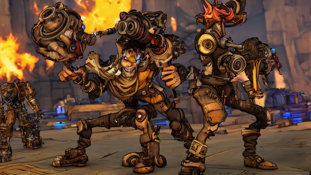 Prompt: junkrat overwatch. borderlands 2. with borderlands 2 background.