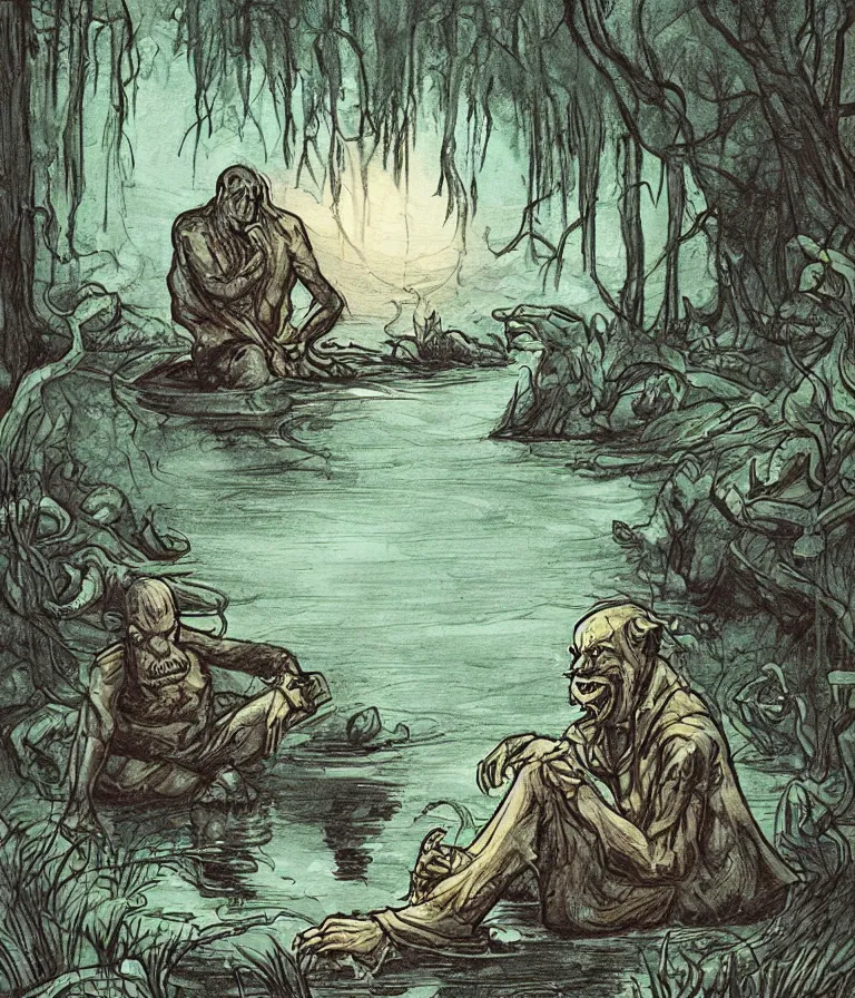 Image similar to illustration in the style of daniel danger of cthulhu sitting by a pond in the forest