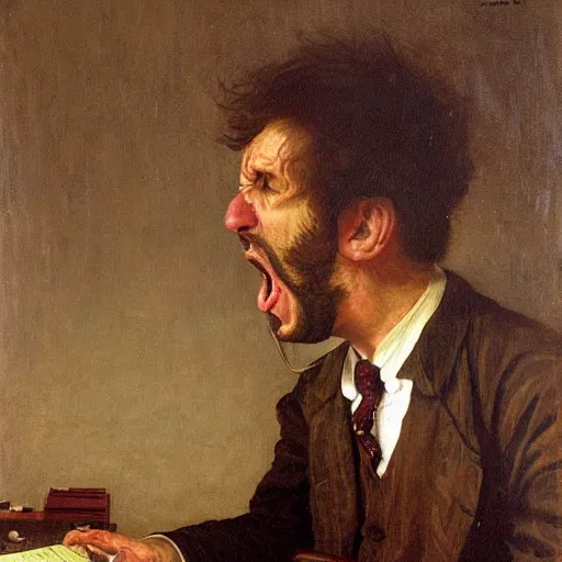 Image similar to an angry man yells at his computer monitor, oil on canvas, 1 8 8 3, highly detailed