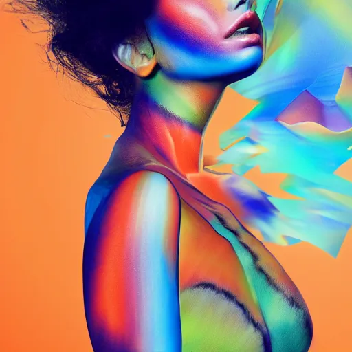 Image similar to beautiful model girl body art fabric skin turns into dress with colouful plastic bad folds heavy brushstrokes style of jonathan zawada, thisset colours simple background gradient objective light orange and blue amber colours