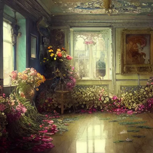 Image similar to a beautifull intricate watercolour painting of a victorian room with flowers, reflexions, verry high details by william turner art, greg rutkowski and alphonse mucha, trending on artstation, very very detailed, masterpiece, wide lens,