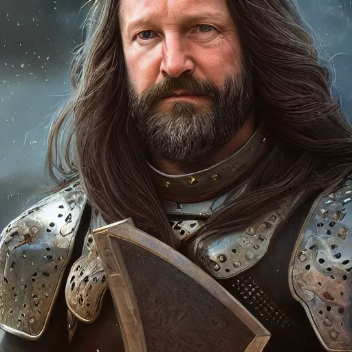 Image similar to stellan skarsgard posing with long hair and beard, black armor, sword, d & d, fantasy, intricate, elegant, highly detailed, digital painting, artstation, concept art, matte, sharp focus, illustration, hearthstone, art by artgerm and greg rutkowski and alphonse mucha